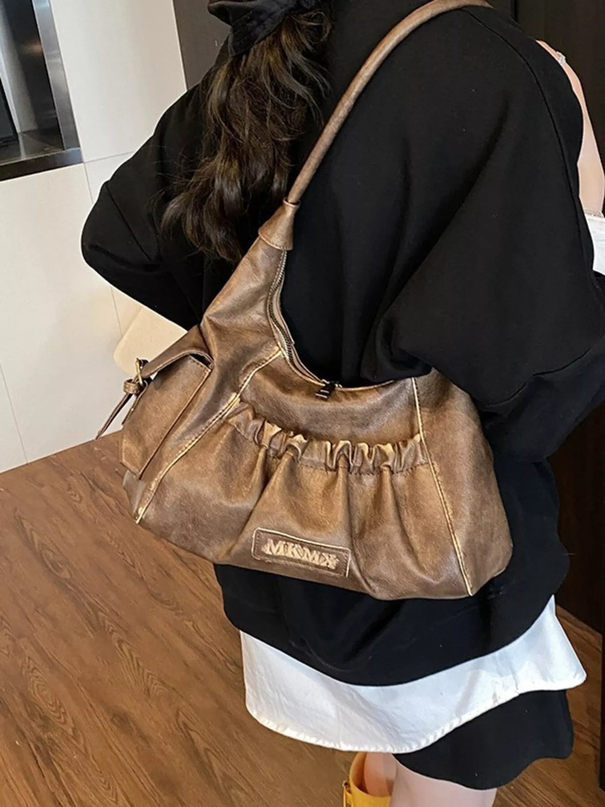 Vintage ruched hobo bag full view in brown