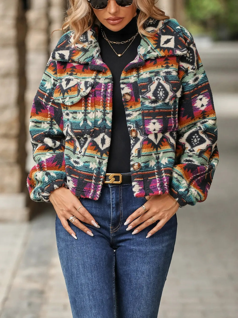 Geometric Dropped Shoulder Balloon Sleeve Outerwear - Fashorio