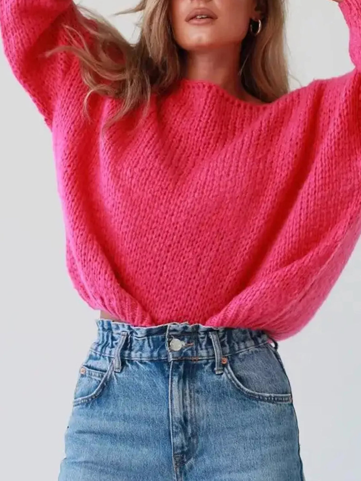 Boat neckline detail on chunky sweater