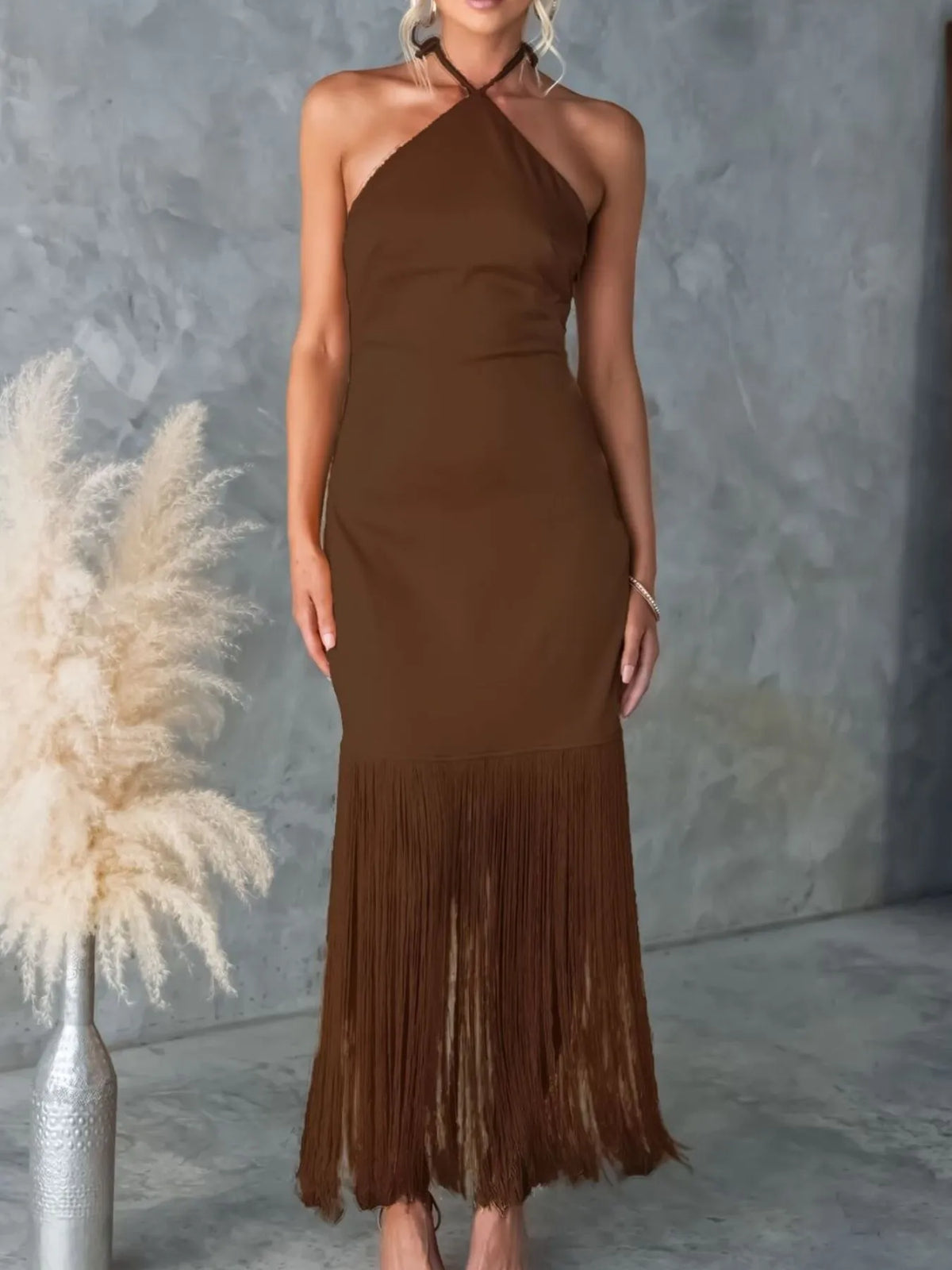 Fringe halter neck backless dress back view