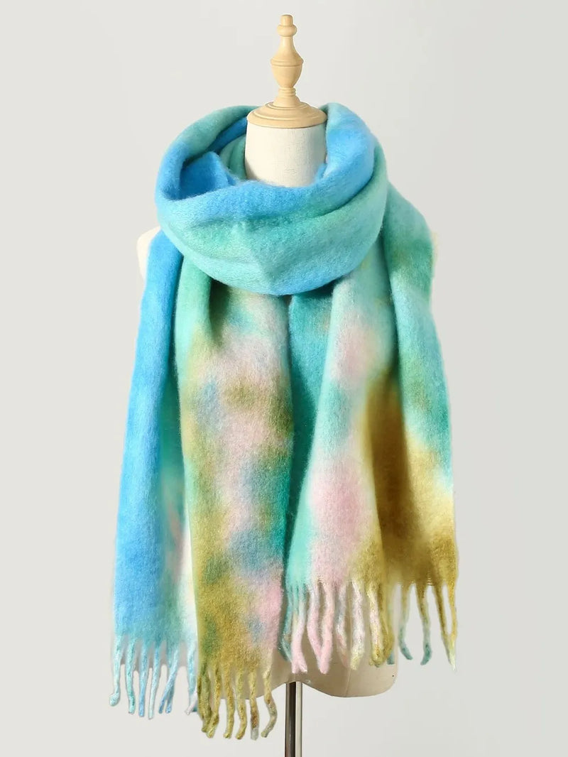 Fringe tie dye polyester scarf draped over the shoulders