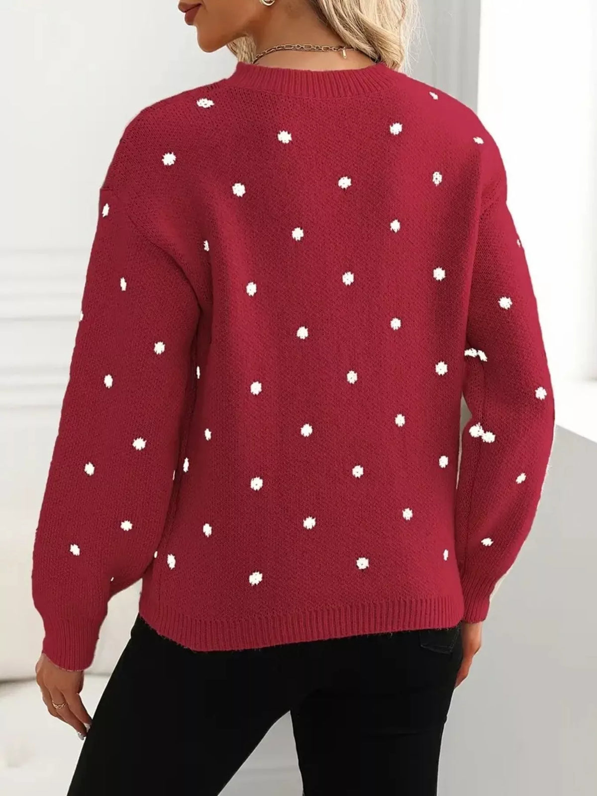 Polka dot round neck sweater, styled look