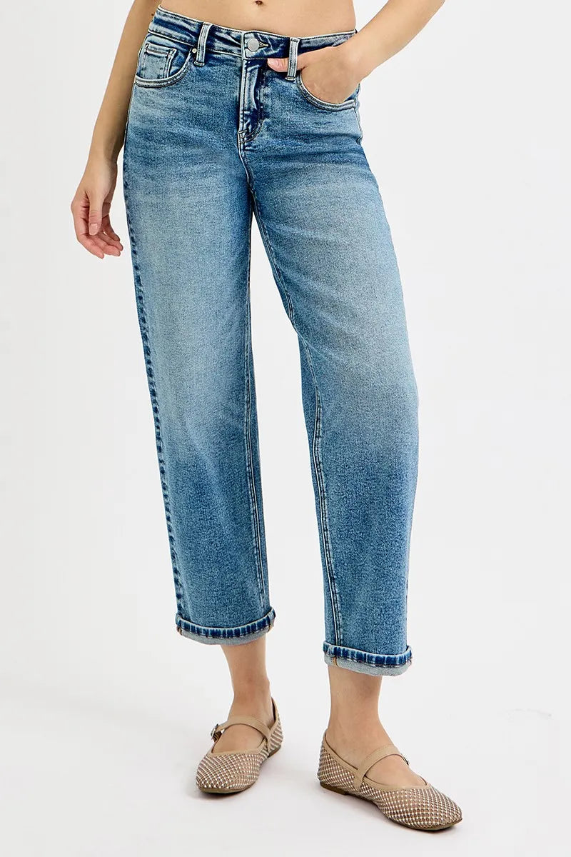 Medium wash boyfriend jeans side profile