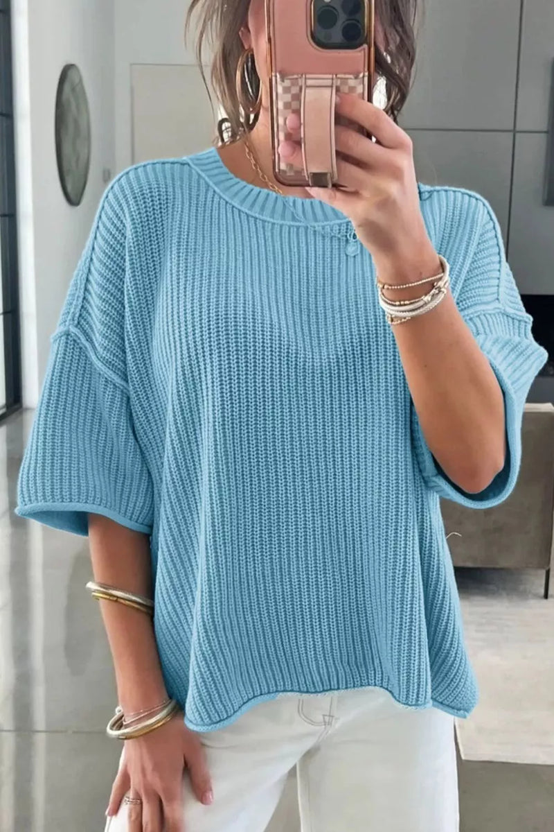 Casual knit half sleeve sweater in pastel blue front view