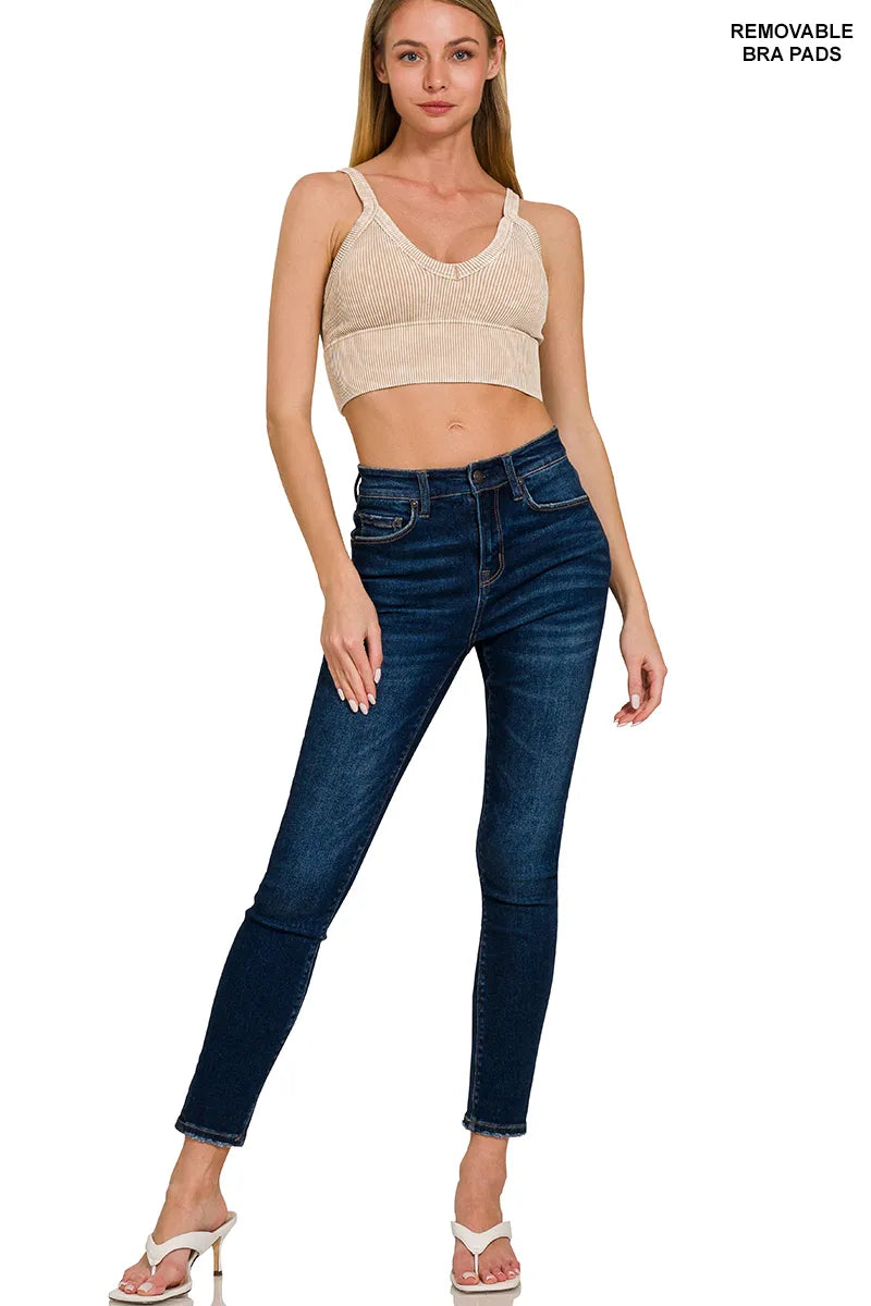 Zenana Washed V Neck Seamless Cropped Bra Top - Fashorio