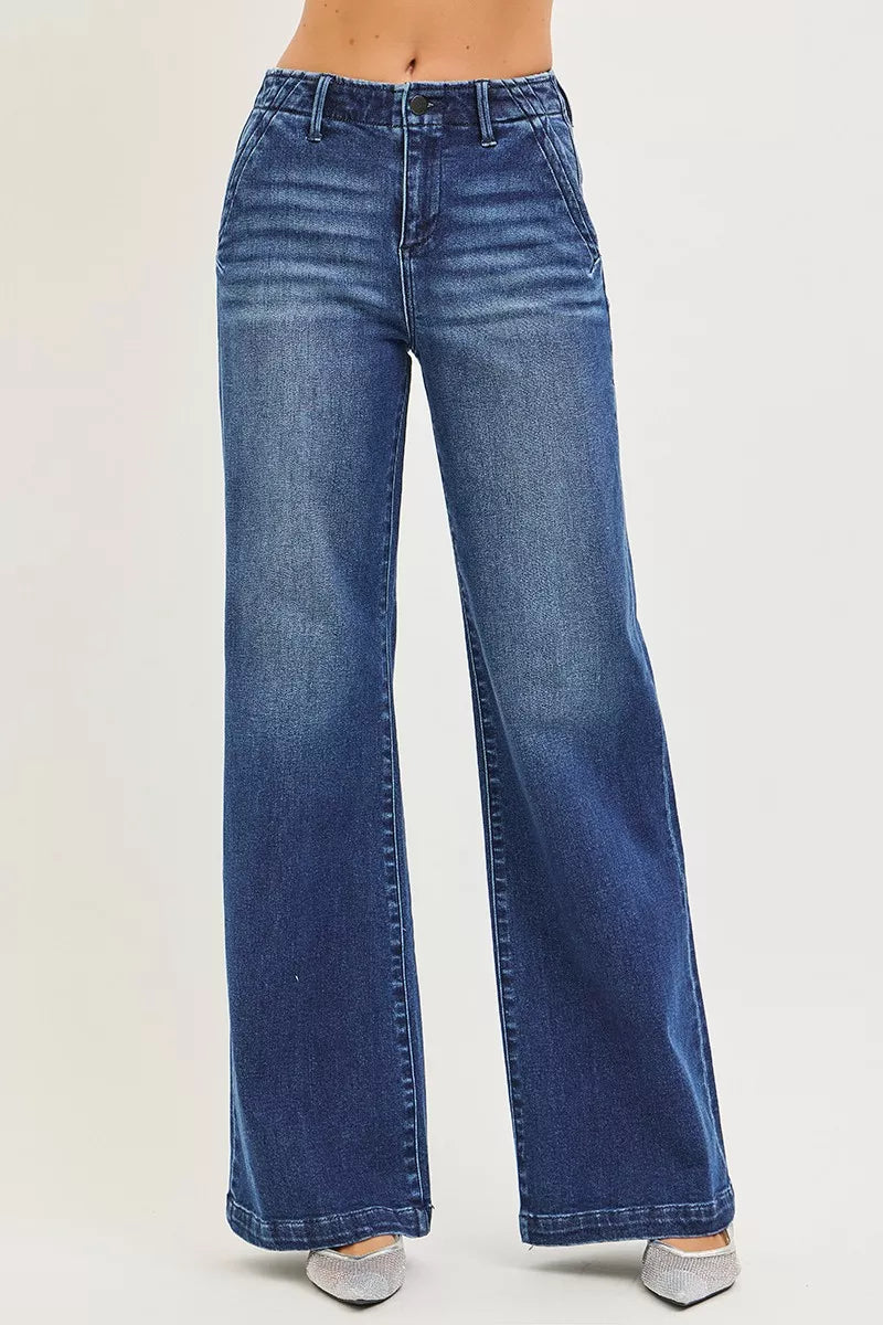 Dark wash wide leg jeans slanted pocket detail
