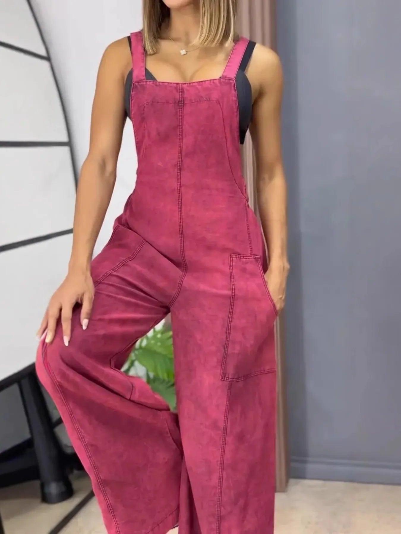Full Size Wide Leg Washed Denim Overalls Plus Size Hot Pink - Fashorio