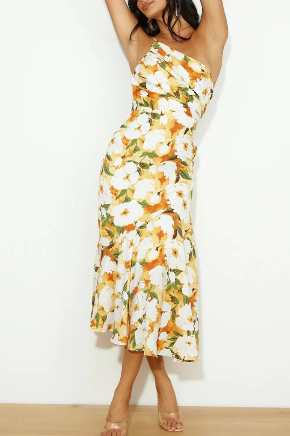 One shoulder ruched midi dress side view