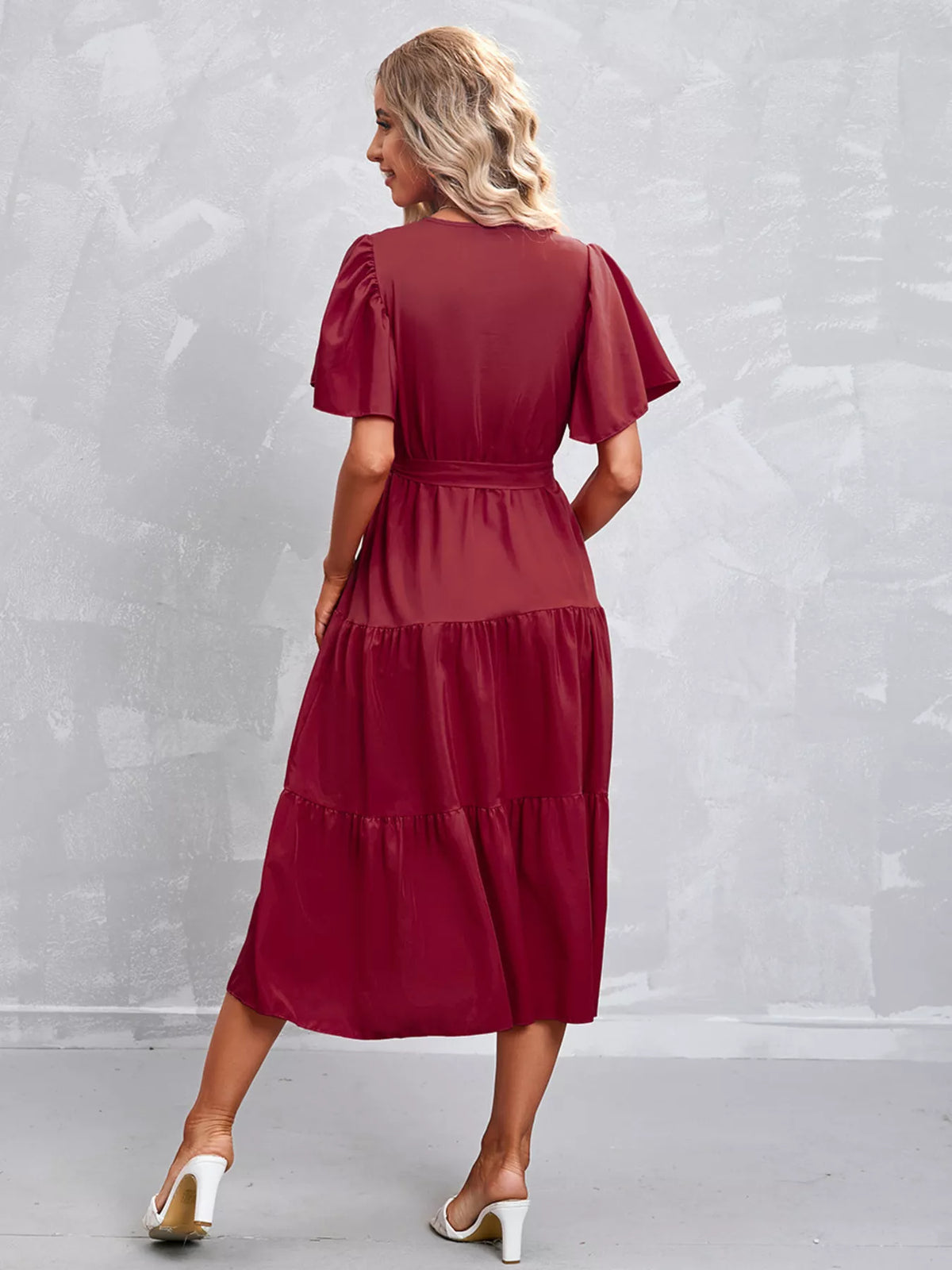 Flutter sleeve tiered midi dress detail view