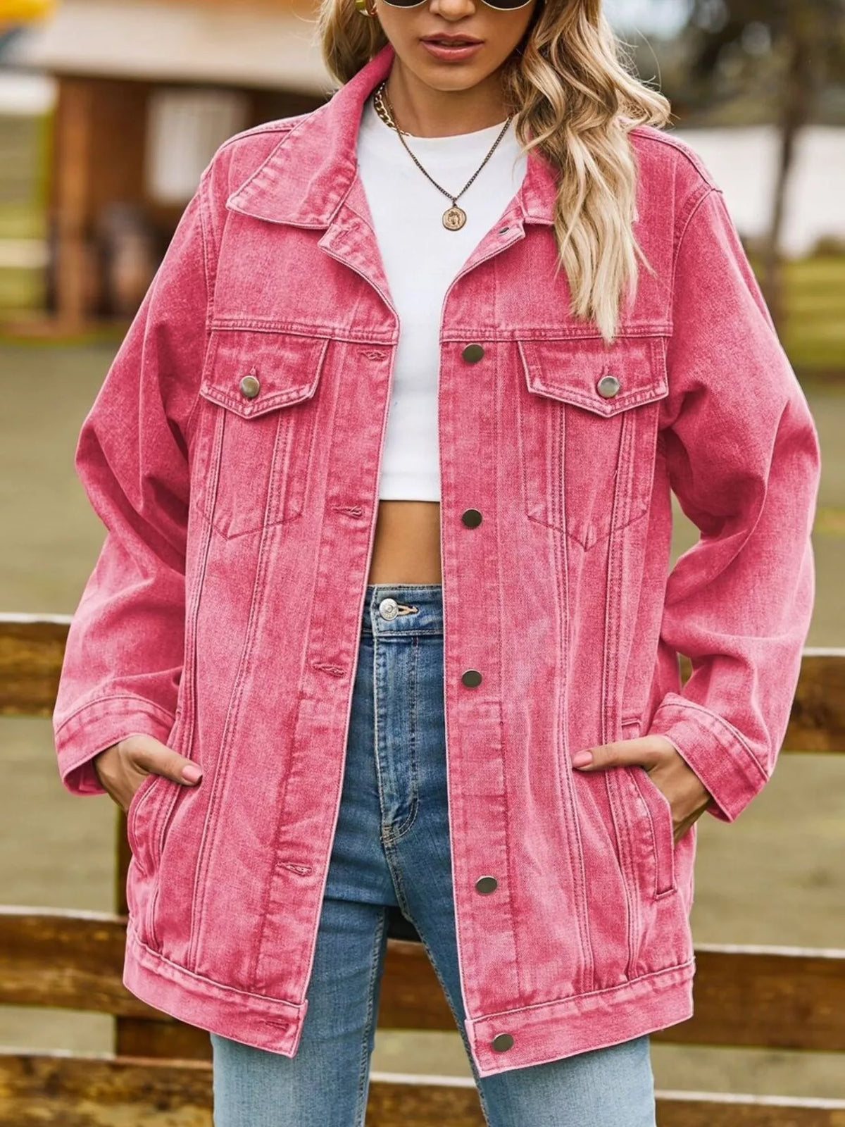Washed Denim Jacket in Hot Pink