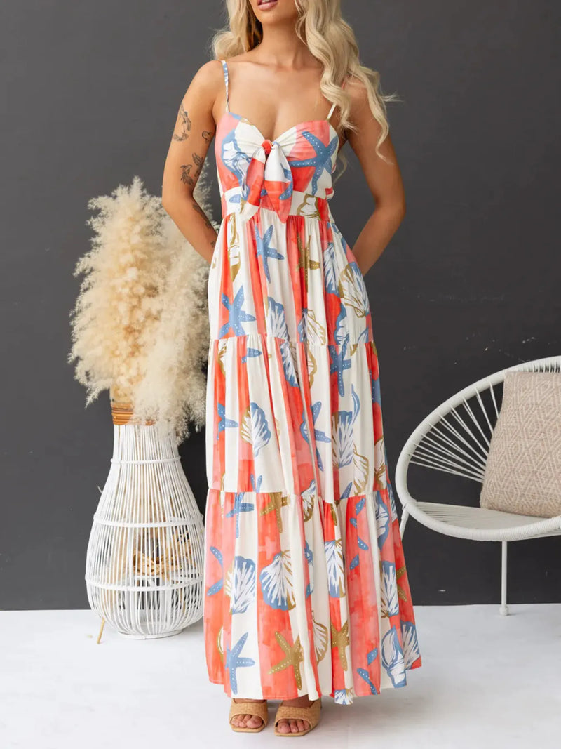 Printed spaghetti strap maxi dress with pockets front view