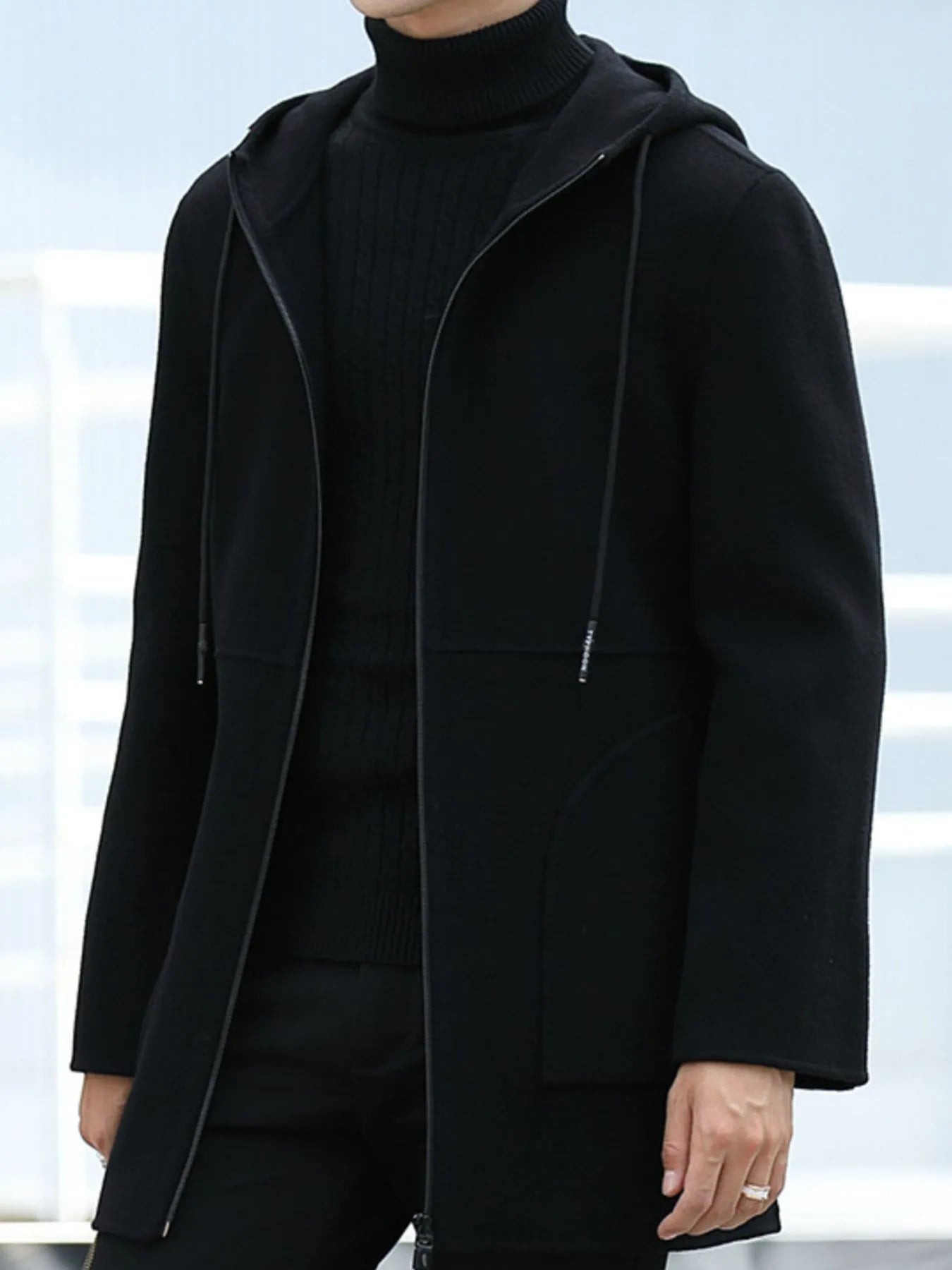 Men's Plus Size Zip Up Drawstring Hooded Wool Coat - Fashorio