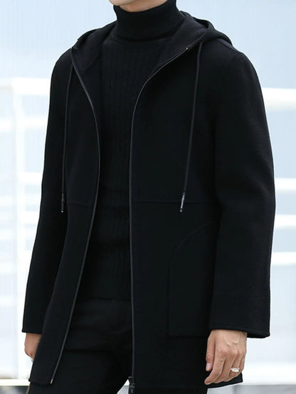 Men's Plus Size Zip Up Drawstring Hooded Wool Coat - Fashorio