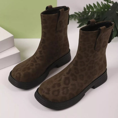 Leopard Round Toe Block Heels Boots - Fashorio