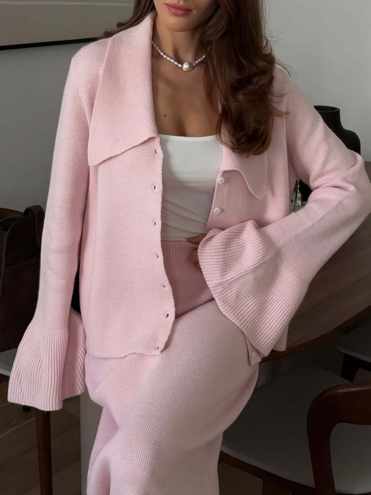 Button Down Cardigan and Skirt Knit Set, view 14