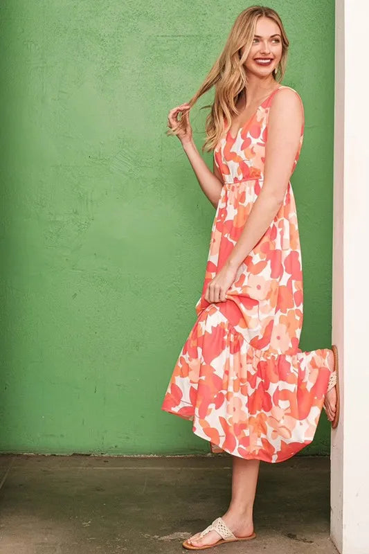 Sleeveless Floral Print V Neck Midi Dress side view
