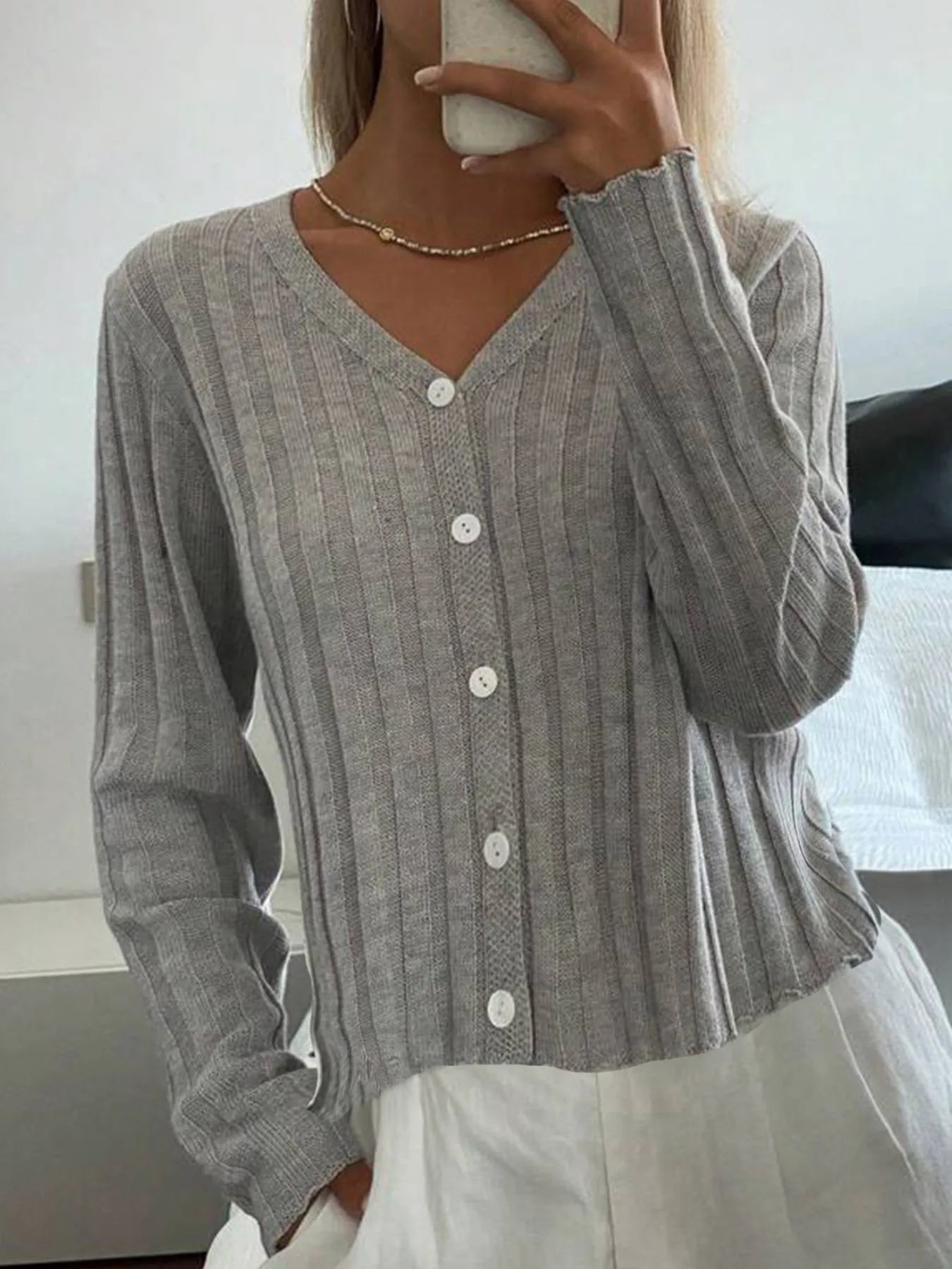 Ribbed Button-Up V-Neck Cardigan - Fashorio