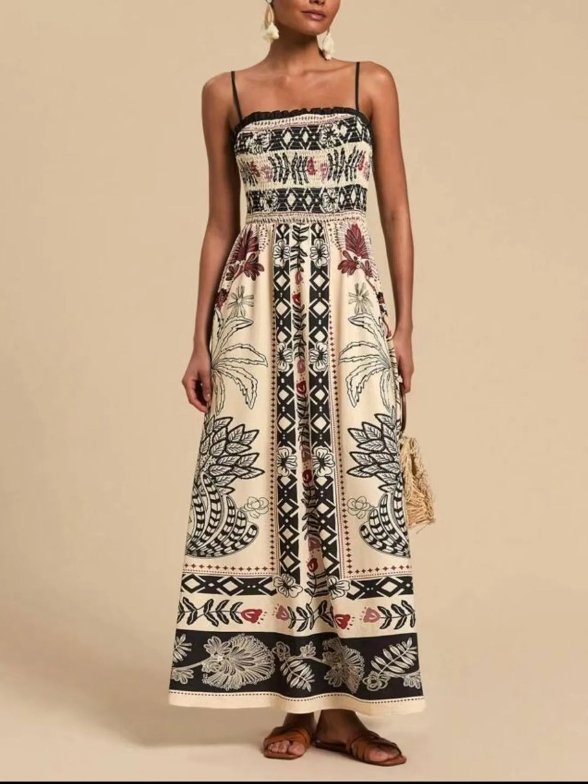 red and white smocked spaghetti strap printed maxi dress back view