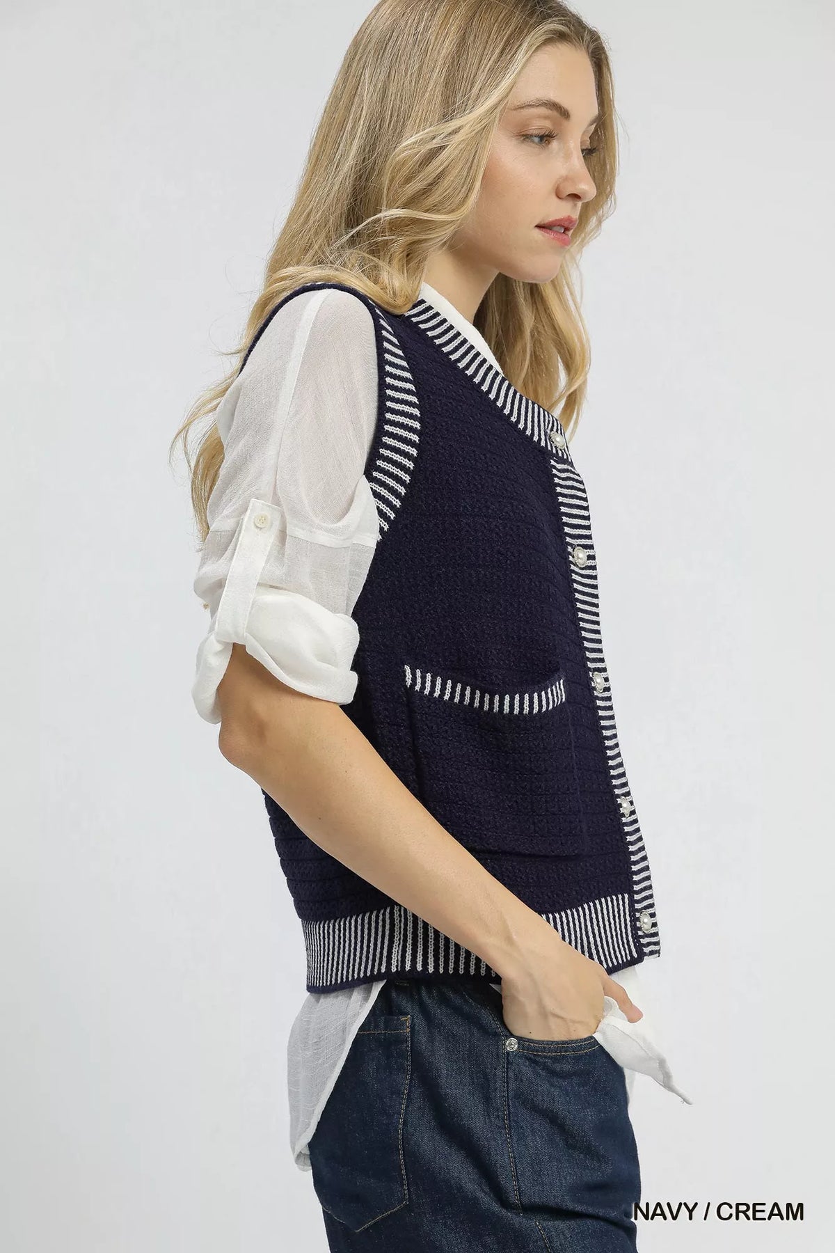 Contrast Stripe Trim Button Down Sweater Vest in Navy and Cream back view