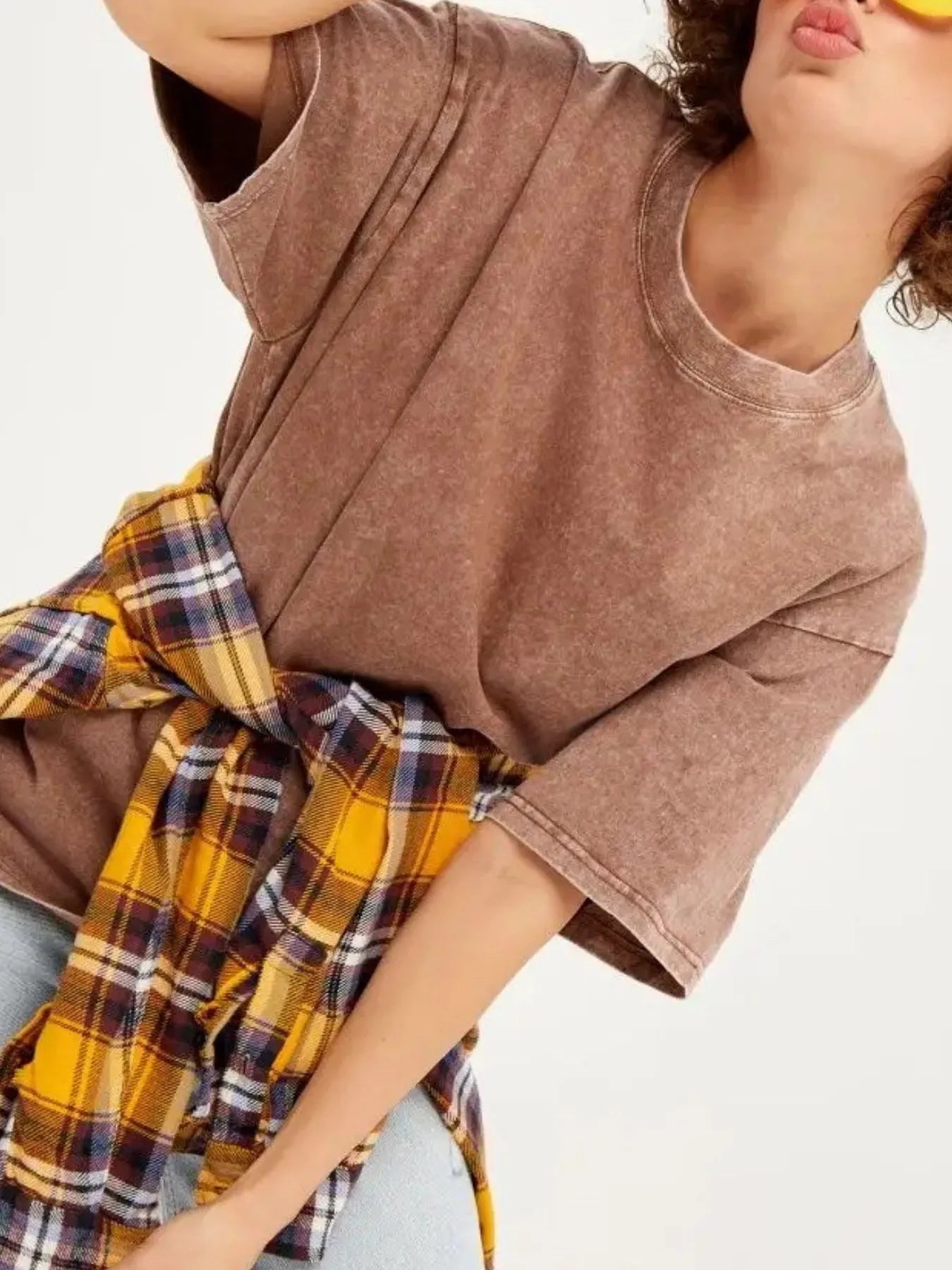 Round Neck Short Sleeve T-Shirt Camel - Fashorio