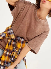 Round Neck Short Sleeve T-Shirt Camel - Fashorio