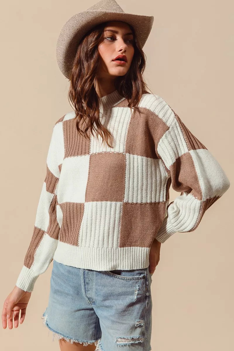 Ribbed Checkered Plaid Color Block Sweater in Coffee and Ivory detail
