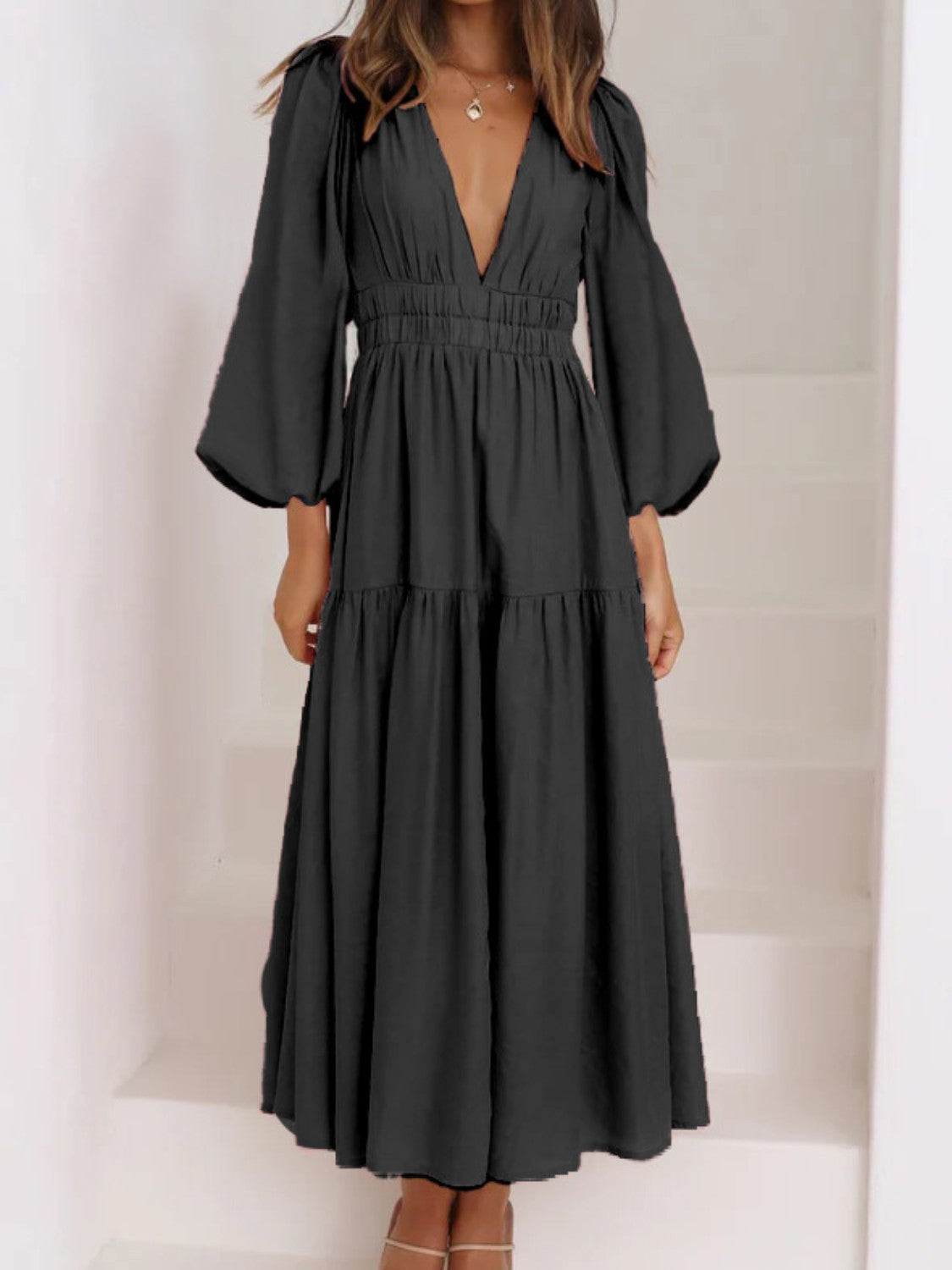 Deep V-Neck Balloon Sleeve Plain Maxi Dress - Fashorio