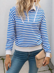 Striped Quarter Zip Long Sleeve Hoodie Blue - Fashorio