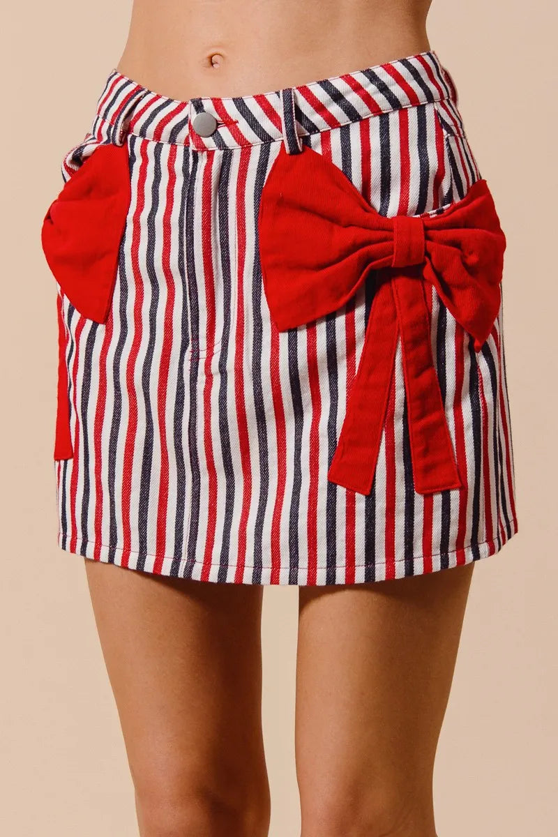 SO ME Contrast Bow Knot Pocket Fourth Of July Denim Skirt - Fashorio