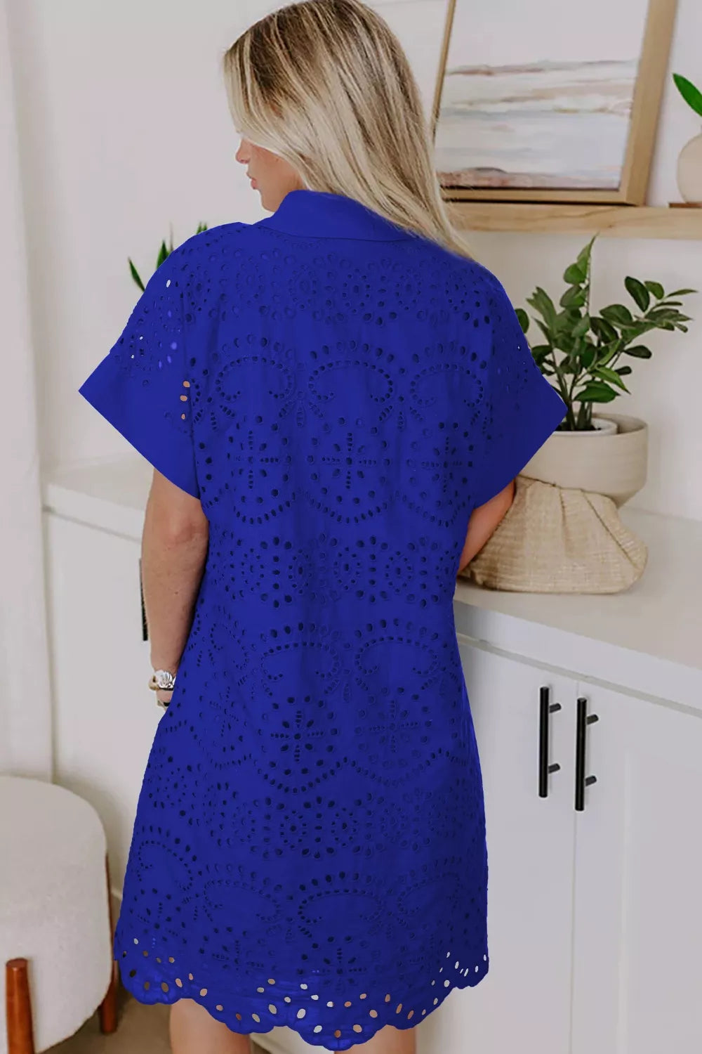 Royal blue eyelet embroidered mini dress detail view