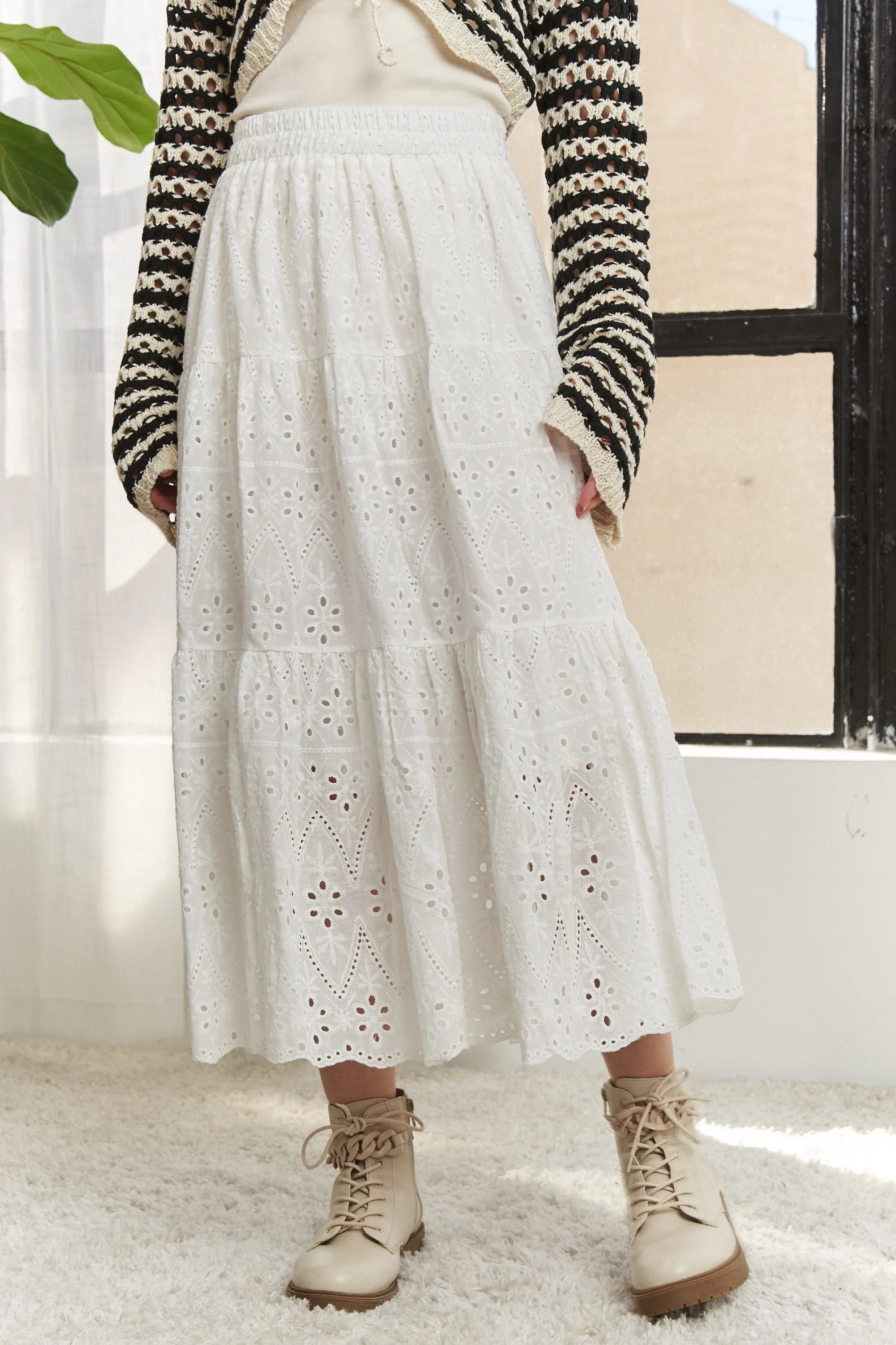 ADORA Elastic Waistband Tiered Midi Skirt - Fashorio