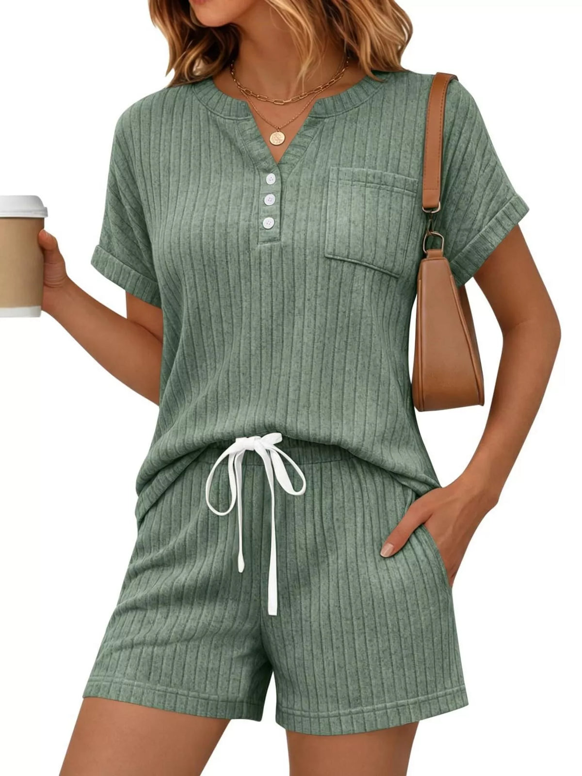 Ribbed knit tee and shorts two piece set front view
