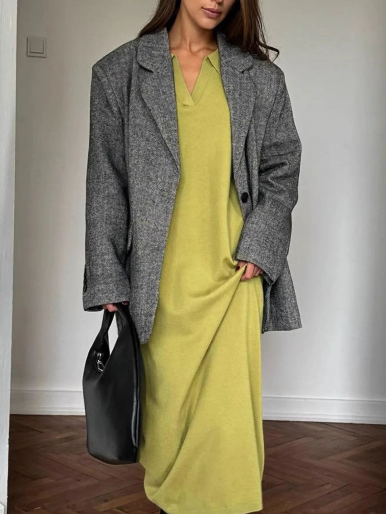 Long Sleeve Collared Neck Knit Dress - Fashorio