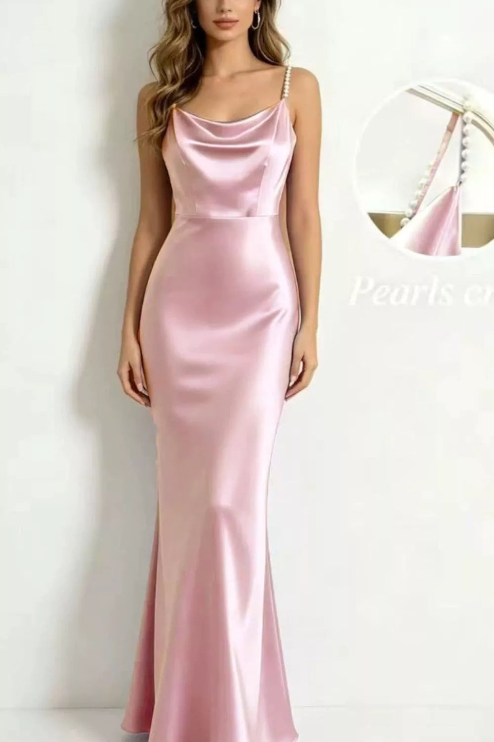 Burgundy satin cowl neck maxi dress with pearl straps front view