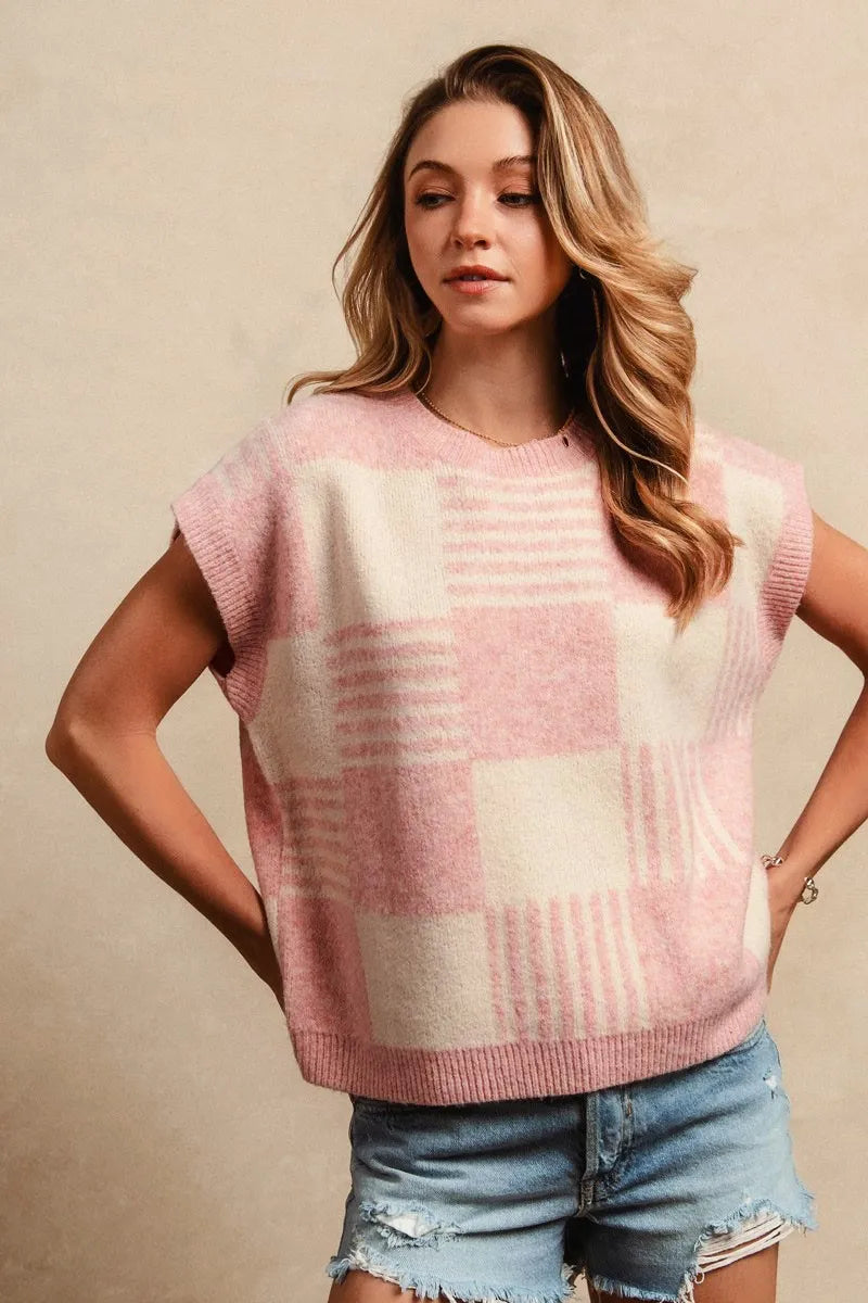 Blush Check and Stripe Sleeveless Sweater on model