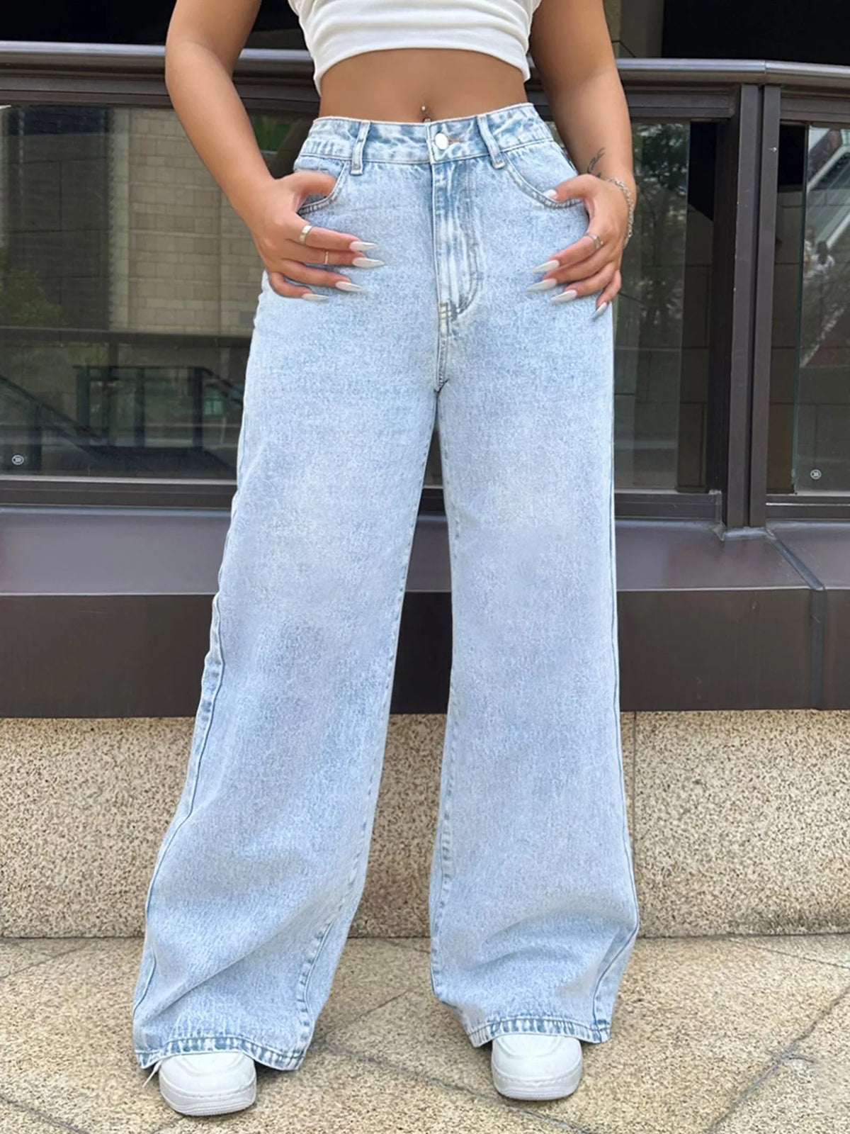 High rise wide leg jeans buttoned waist detail