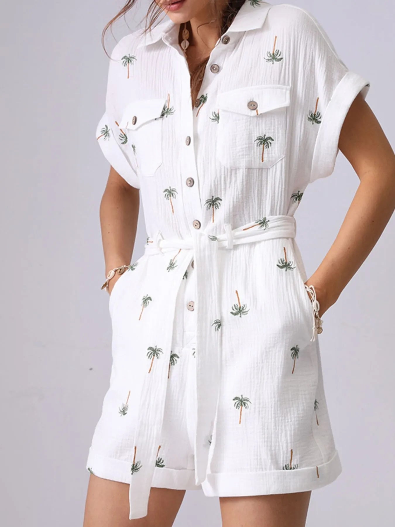 Palm Tree Print Short Sleeve Button-Up Romper with Belt - Fashorio