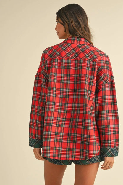 Annie Wear Contrast Plaid Long Sleeve Top and Shorts Set - Fashorio