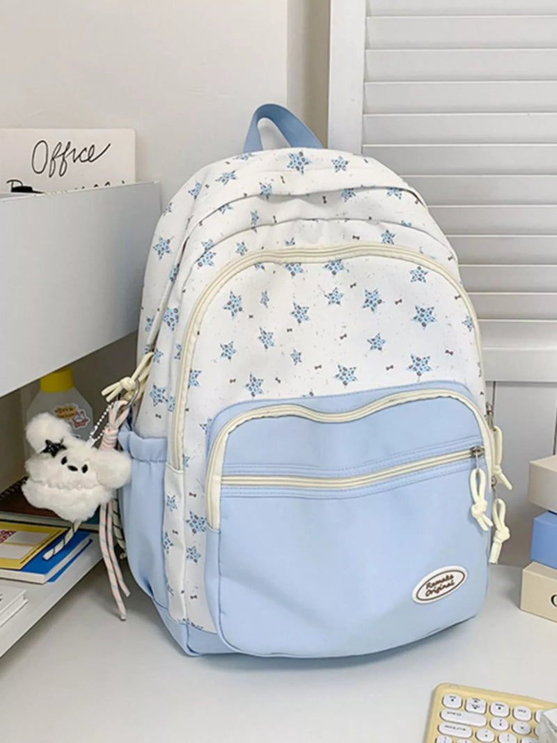 blue star print nylon backpack front view