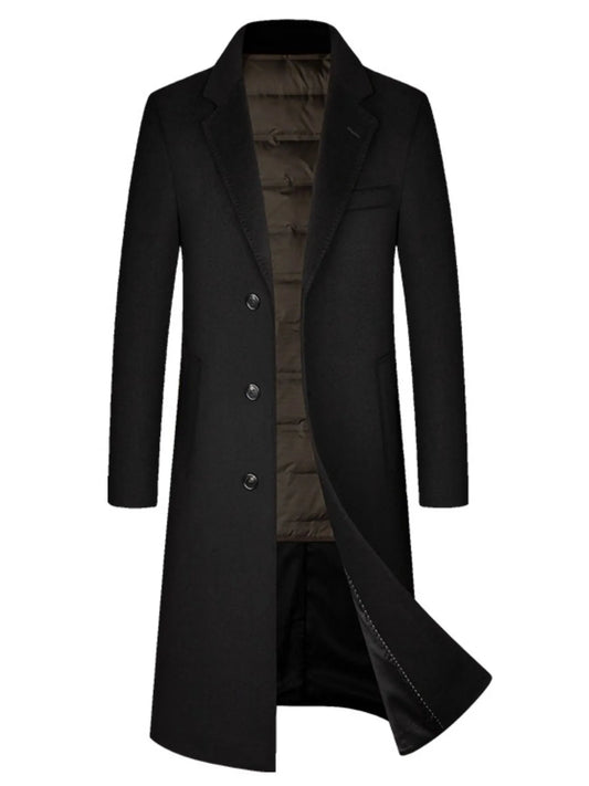 Men's Plus Size Button Up Long Sleeve Longline Coat Black - Fashorio