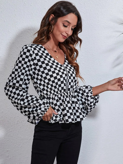 Checkered V-Neck Balloon Sleeve Peplum Blouse - Fashorio
