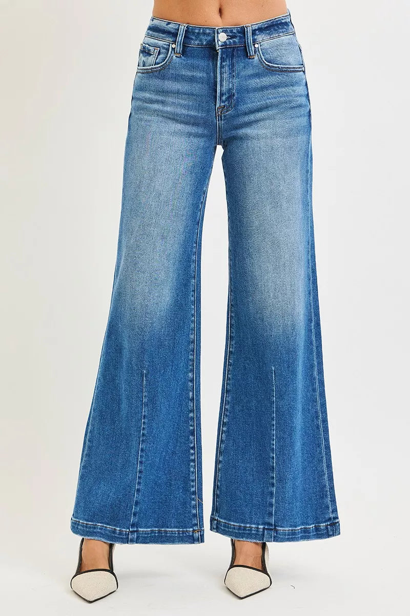 RISEN medium wash wide leg flared jeans front