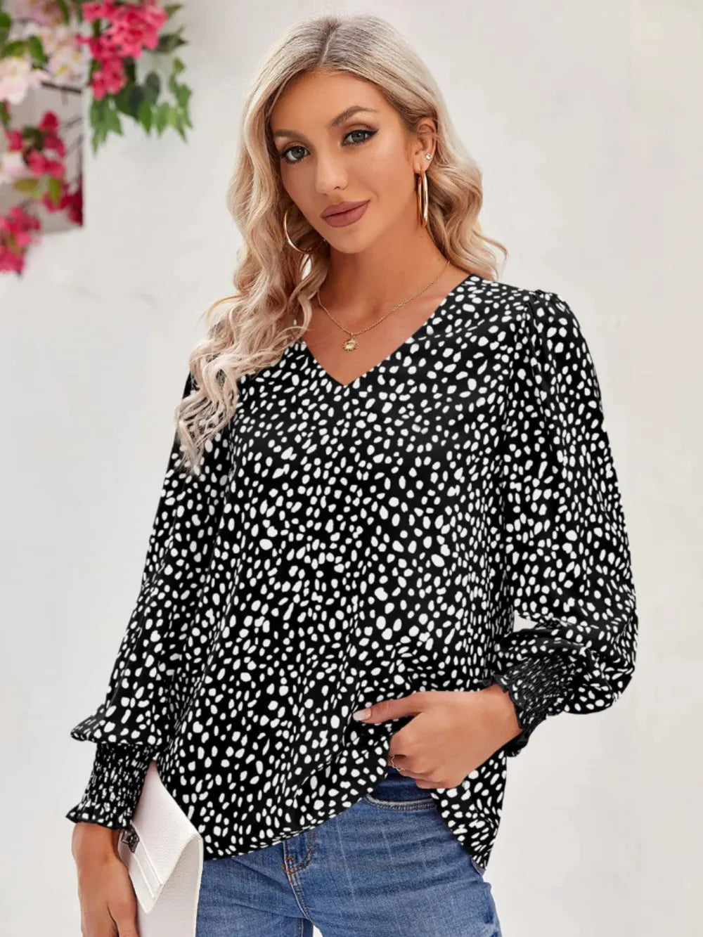 Printed V-Neck Lantern Sleeve Blouse - Fashorio
