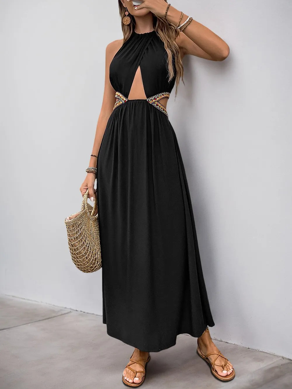 Black maxi dress tie back detail