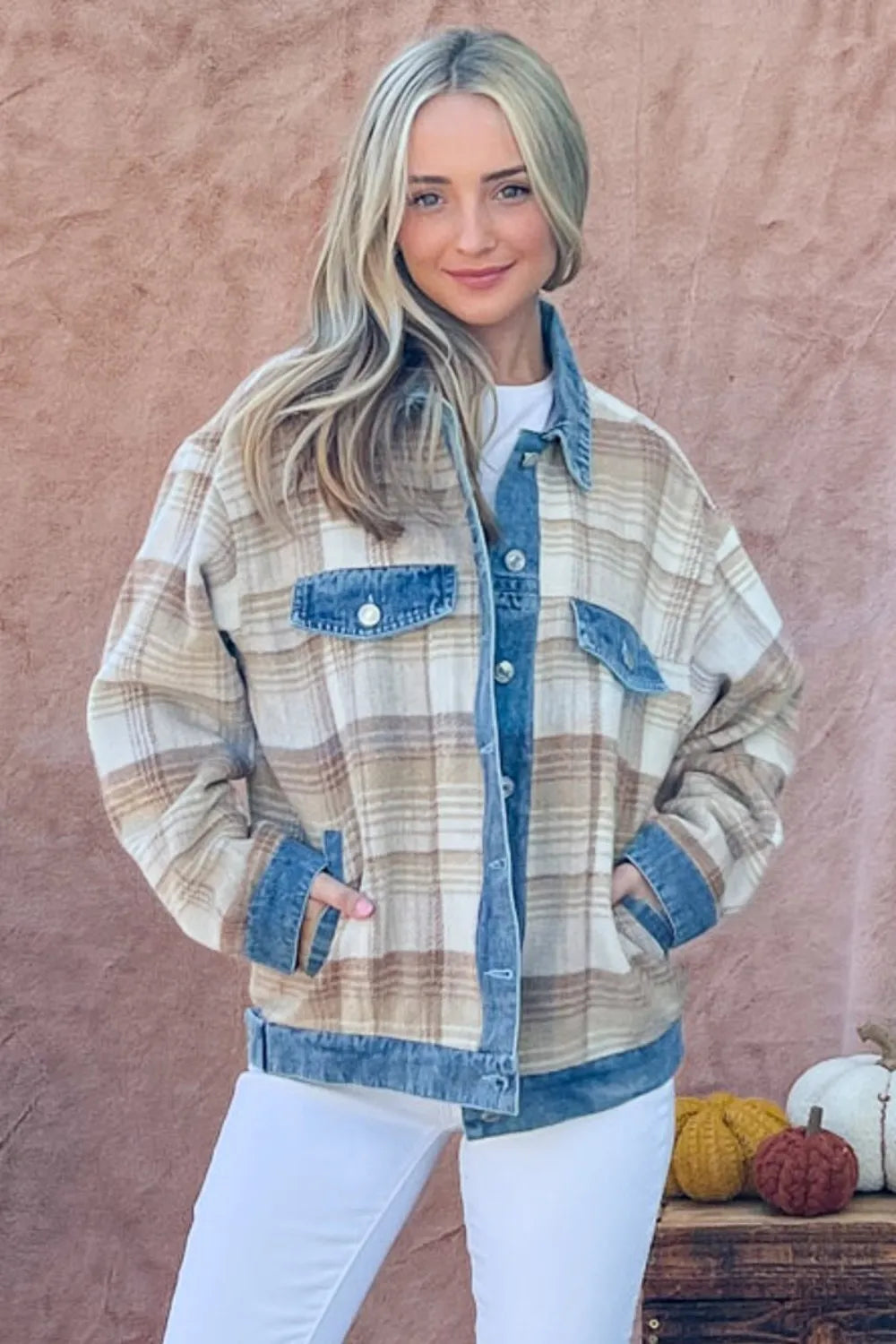 Washed Denim Detail Brushed Plaid Jacket side view