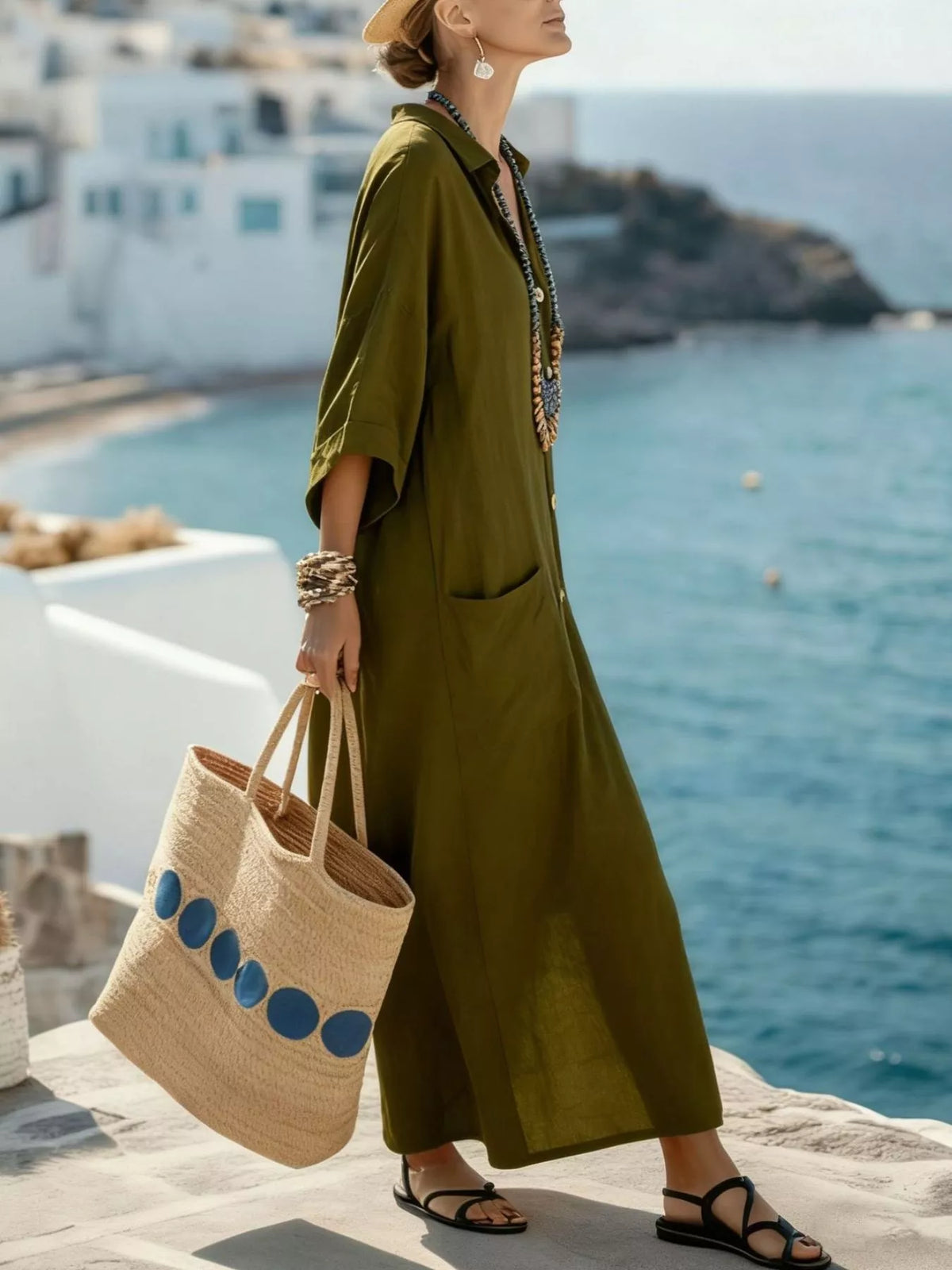 Button front three quarter sleeve maxi dress in olive detail view