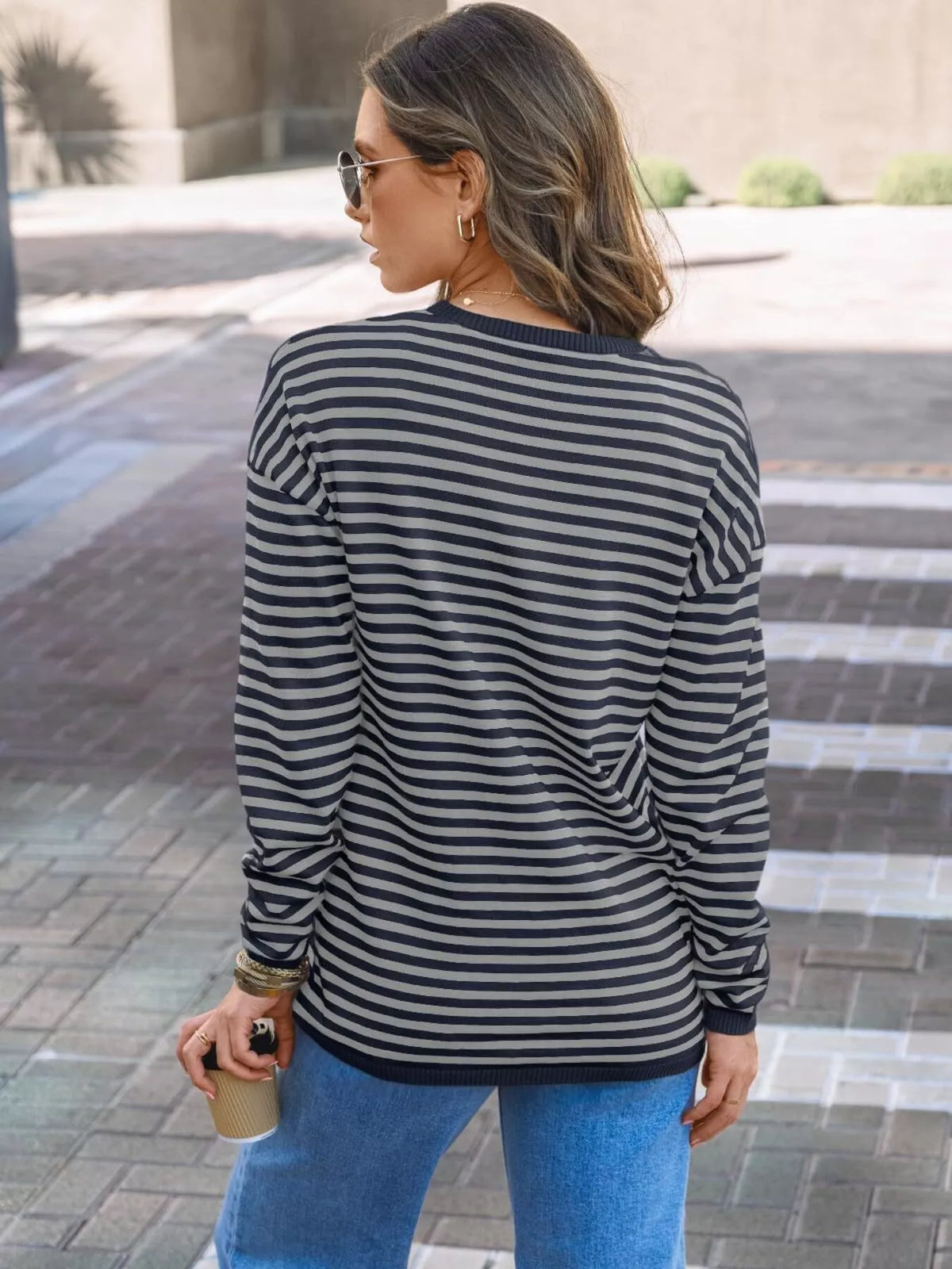 Striped round neck knit top styled outfit look