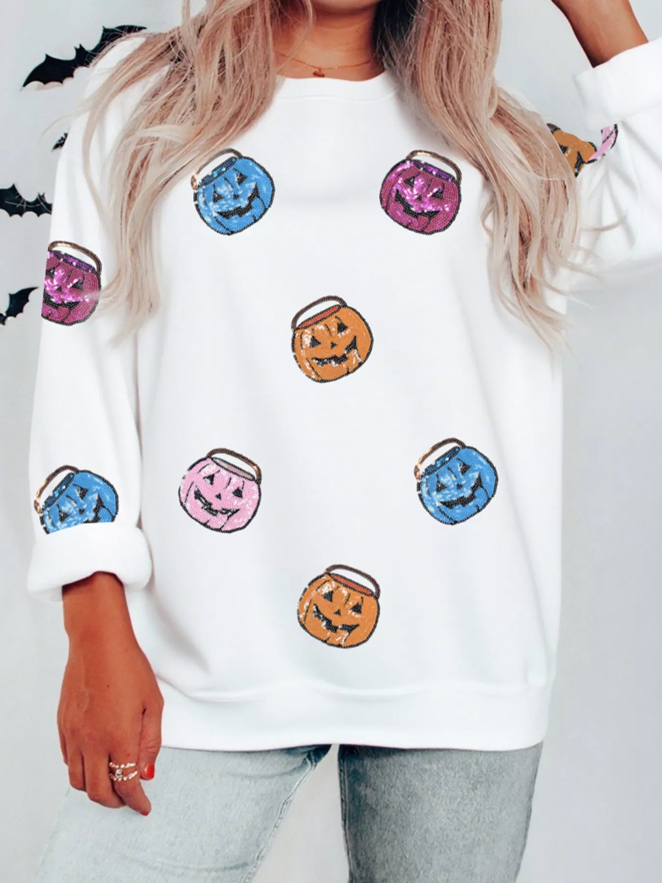 Halloween Pumpkin Lantern Sequin Patched Sweatshirt - Fashorio