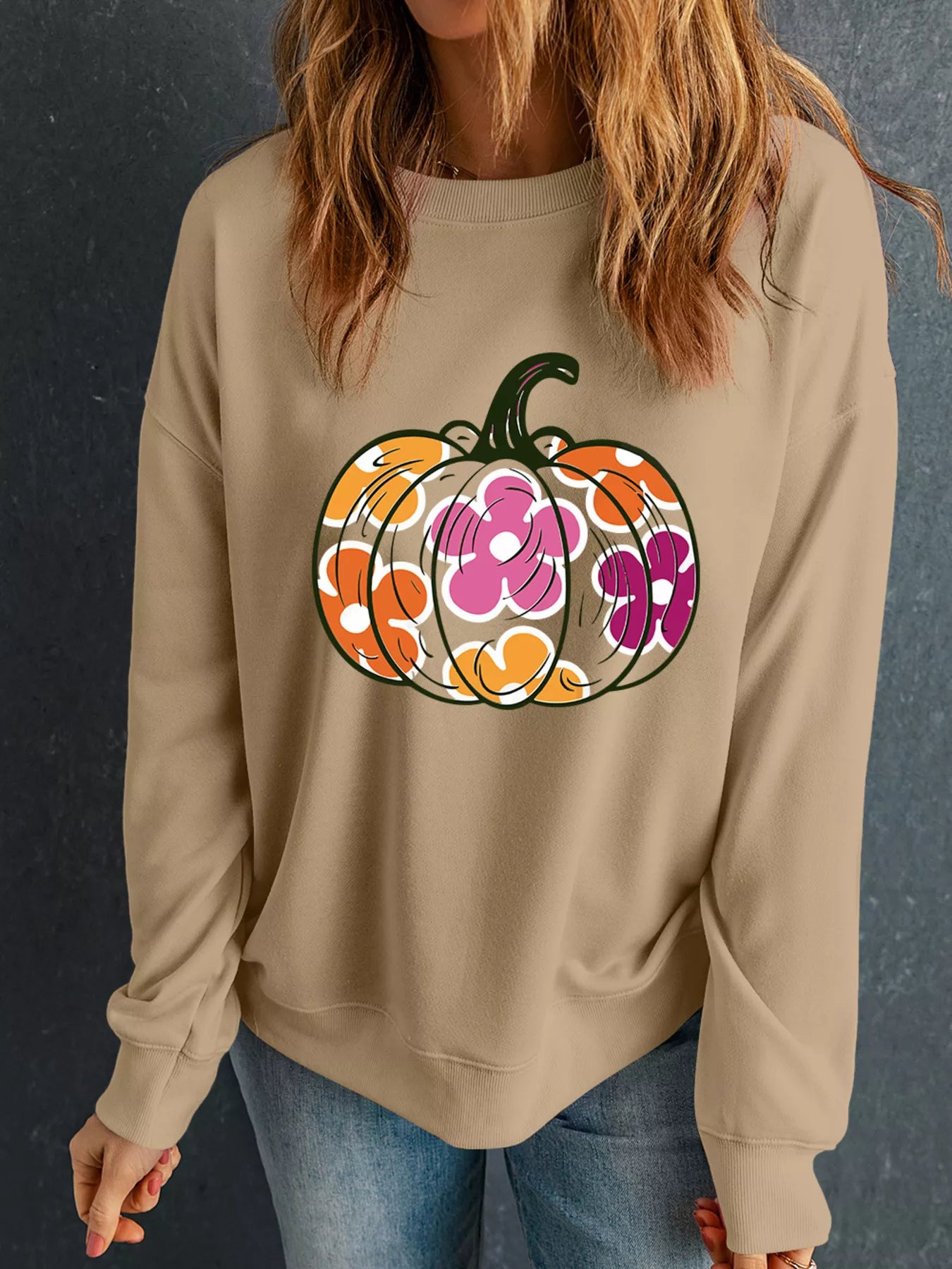 Halloween Floral Pumpkin Graphic Drop Shoulder Sweatshirt - Fashorio
