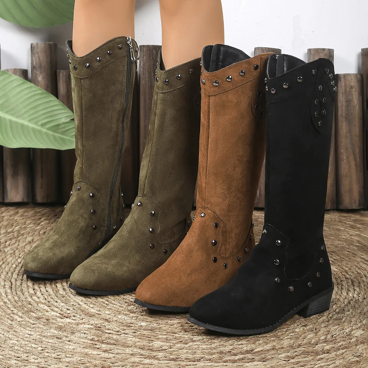 Studded mid calf boots front view